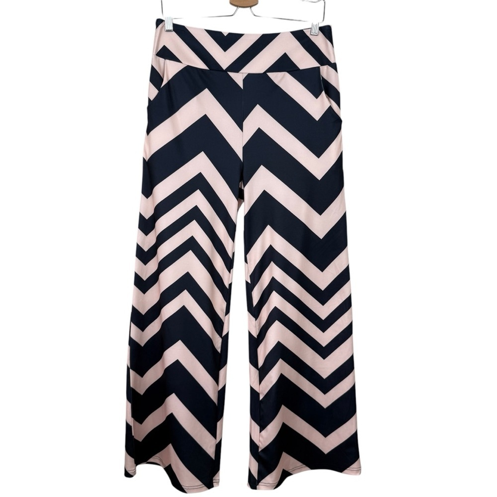 Chevron Print Palazzo Pants - Black & Pink/Peach Wide Leg Trousers Women's Large